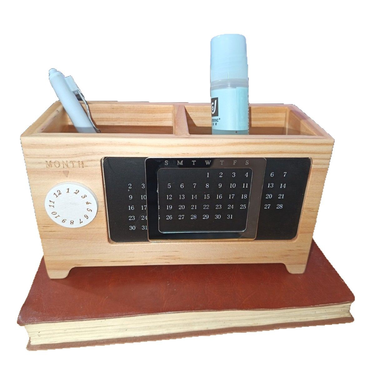 Customized Solid Wood Multifunctional Pen Holder Office Desk Sundry Storage Wooden Box Perpetual Calendar Clock Desk Calendar Storage Box - Image 2